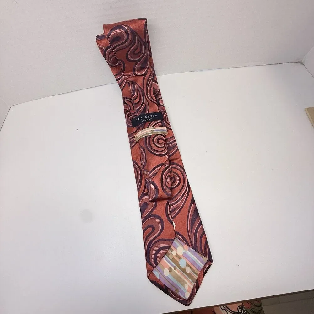 Ted Baker Orange Purple Swirl Paisley Print 100% Silk Neck Tie